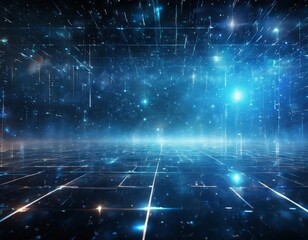 Obraz premium futuristic, space-themed scene with a grid-like pattern of glowing blue and white lines, creating a sense of depth and dimensionality. The background is filled with a starry