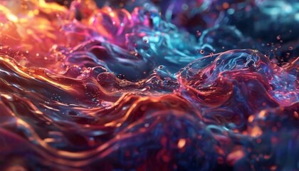 a digital illustration featuring a vibrant, abstract representation of water, with swirling patterns of red, orange, blue, and purple hues.