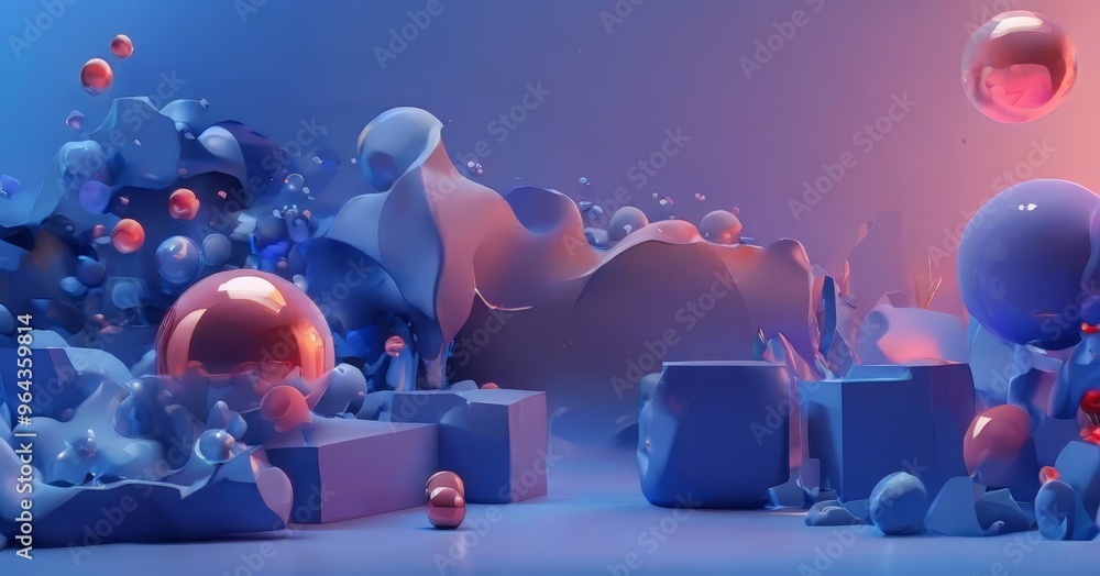 Poster surrealistic scene of floating spheres and cubes in a vibrant blue and purple color palette, with a gradient effect transitioning from deep blue to pink.