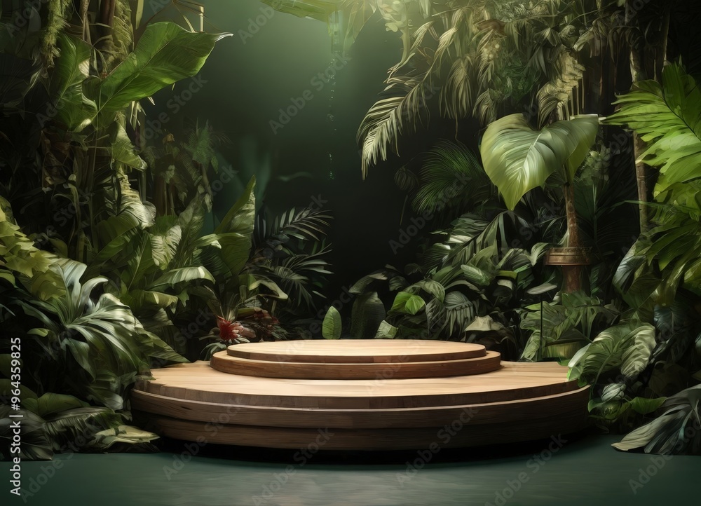 Poster a wooden platform with a circular design sits amidst a lush, tropical jungle setting, with a dark ba