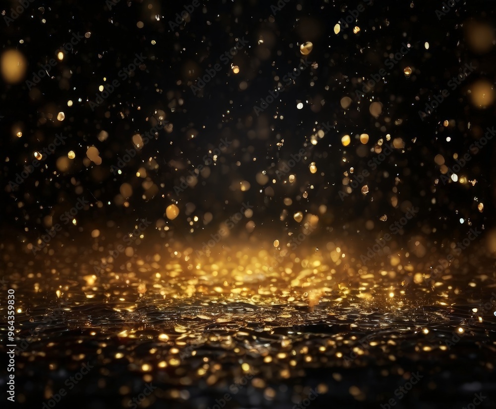 Poster a dark background with a multitude of small, glowing gold particles scattered throughout, creating a