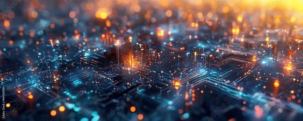 Poster futuristic cityscape, with a complex network of glowing lights and lines, creating a sense of depth 