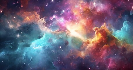 Naklejka premium a vibrant cosmic scene, featuring a swirling nebula with hues of blue, orange, and pink, as well as a bright star at the center.