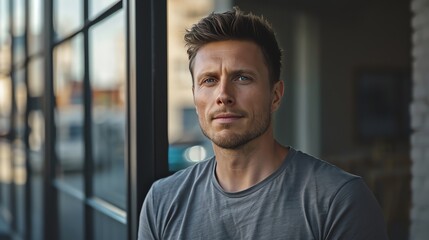 Obraz premium A man with blue eyes and a beard looks at the camera, standing by a window.