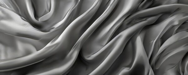 Obraz premium a close-up view of a flowing, silky fabric with a smooth, shiny texture. The fabric appears to be made of a shiny, metallic material, possibly silver or gray, and is draped or