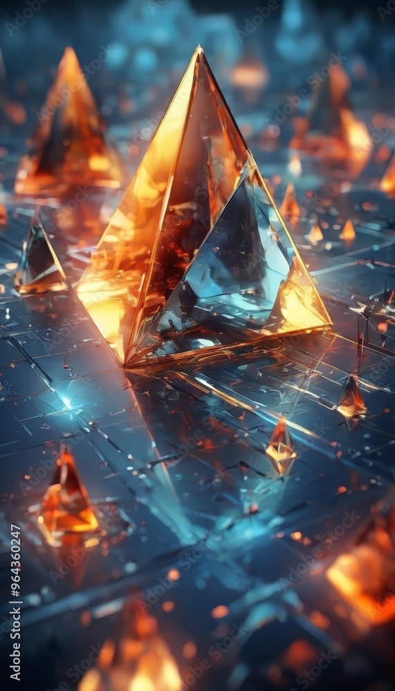 Poster collection of pyramids and triangular structures, each with a unique color and texture, arranged in 