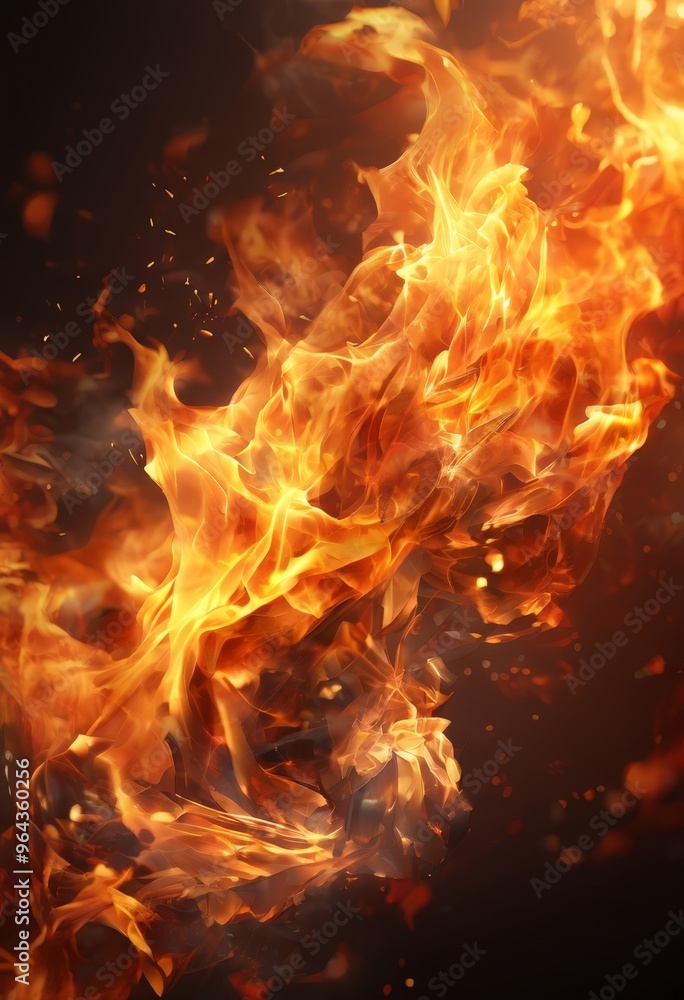 Poster a dynamic and intense fire, with flames swirling and dancing in a fiery display. the background is d