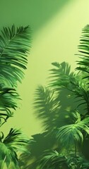Fototapeta premium A lush tropical scene with palm leaves casting shadows on a green background.