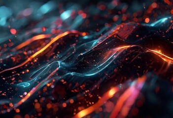 a digital art piece featuring abstract, swirling patterns of red, orange, and blue hues, with small particles or specks scattered throughout, creating a sense of movement and energy.