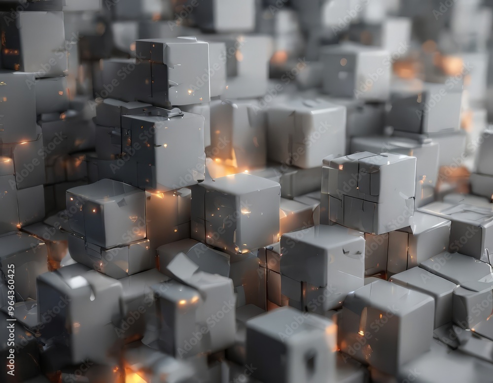 Poster a complex arrangement of gray cubes, each emitting a warm glow, creating a visually striking and abs