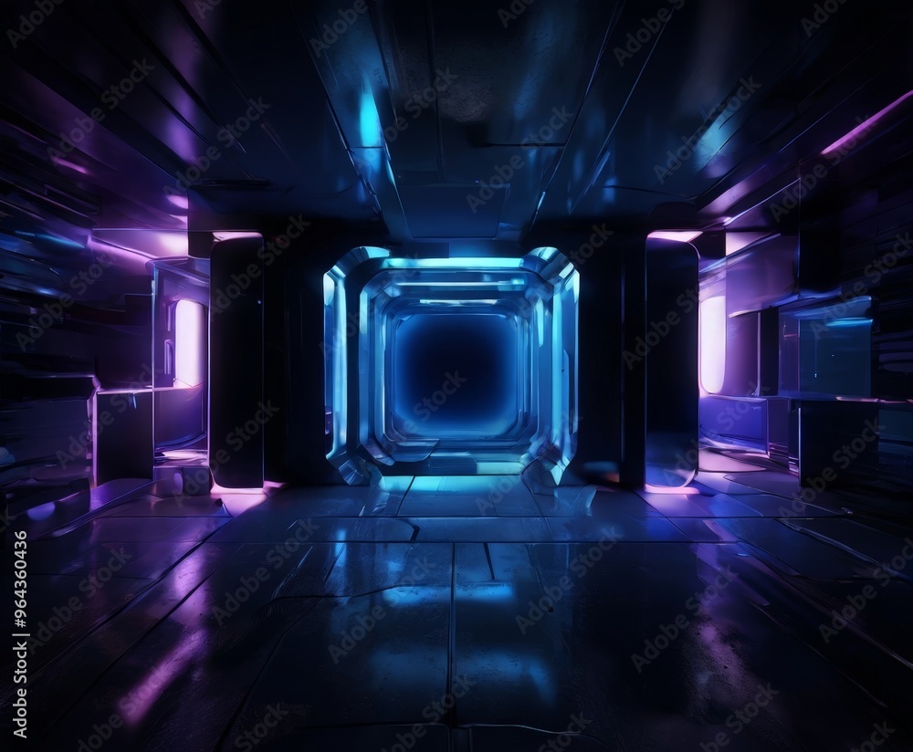 Poster a futuristic corridor with a blue and purple glow, featuring a large square opening at the center an