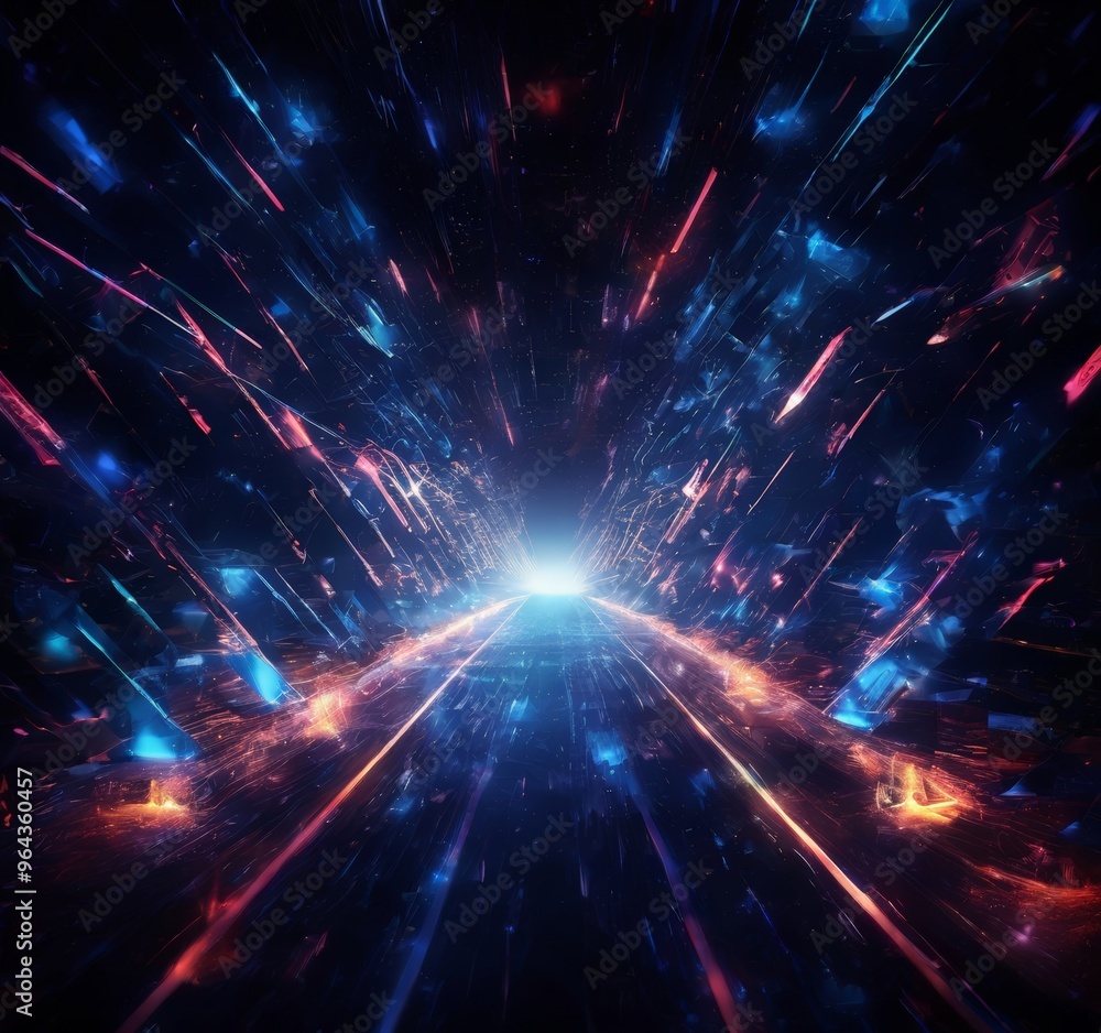 Poster a futuristic, space-themed scene with a bright, glowing tunnel-like structure at the center, surroun