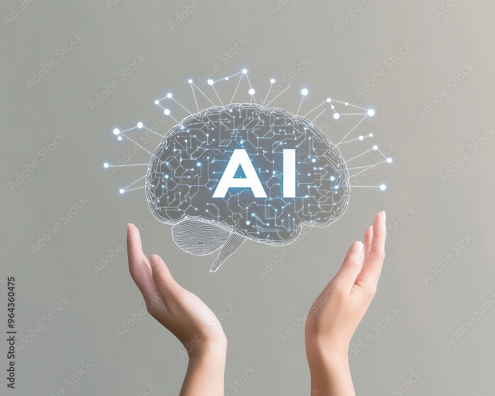 Poster hands holding a digital brain with ai letters and network connections floating above, symbolizing ar