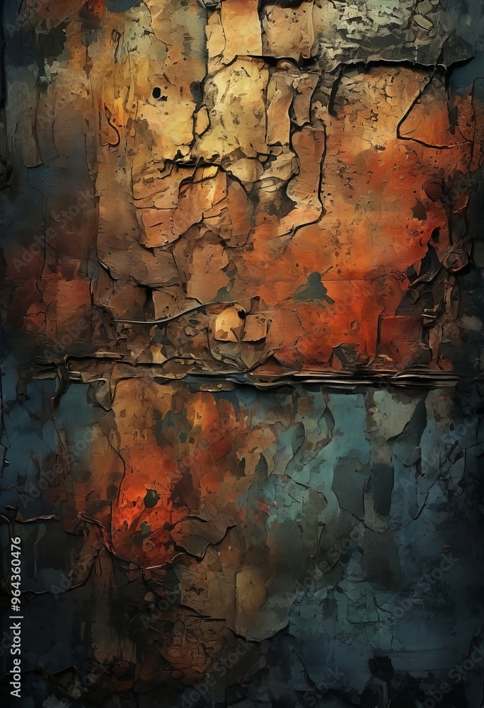 Poster an abstract representation of a weathered wall, featuring a mix of warm and cool colors, with a text