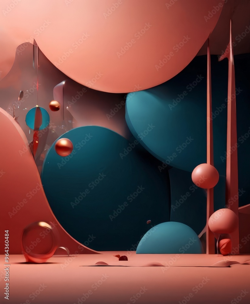 Poster surrealistic scene with a multitude of spheres in various colors and sizes, arranged in a dynamic an