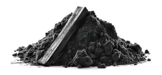 A pile of activated charcoal powder with a piece of charcoal on top. Isolated on a white background.