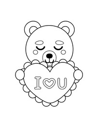 Coloring page. Bear is carrying pillow I love you. Black and white bear. Vector