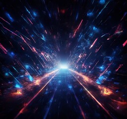 Fototapeta premium a futuristic, space-themed scene with a bright, glowing tunnel-like structure at the center, surrounded by a vibrant array of colorful lights and streaks of light, creating a