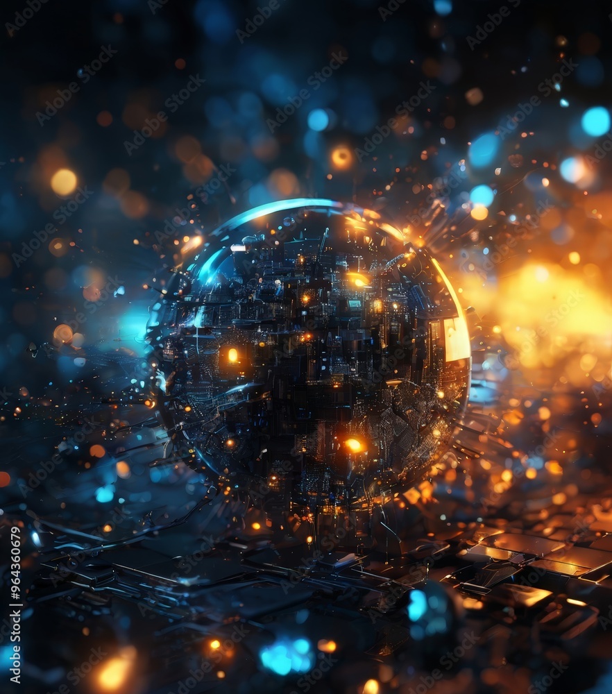 Poster a futuristic, glowing sphere surrounded by a complex network of glowing lights and particles, creati