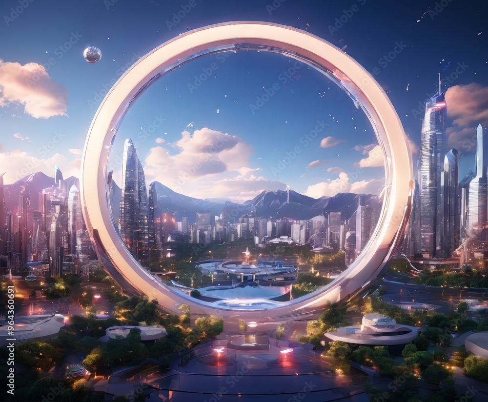 Poster futuristic cityscape, featuring a circular structure at the center that appears to be a portal or ga