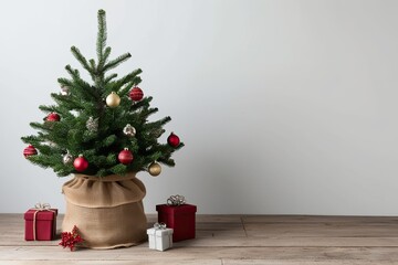 Fototapeta premium Rustic Burlap Potted Holiday Tree Festive Decor on Simple Background