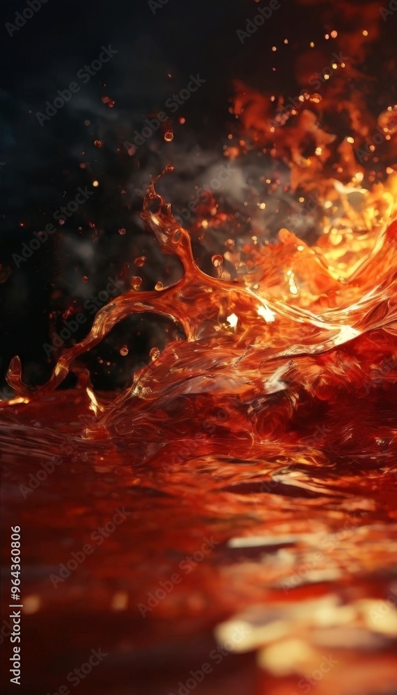 Poster a dynamic scene of a fire, with flames and water droplets in a fiery red hue, creating a sense of mo