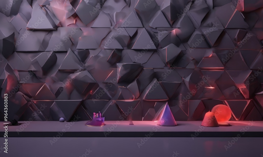 Poster geometric wall composed of numerous triangular shapes, with a variety of objects placed on a shelf b