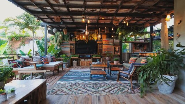  A stylish outdoor lounge blending bohemian and rustic decor.