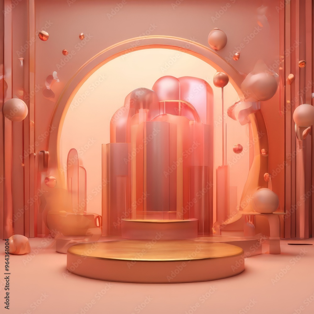 Poster stage with a gold platform, surrounded by a multitude of spherical objects in shades of pink and ora
