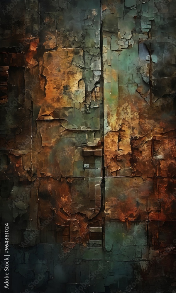 Poster an abstract representation of a weathered, textured surface, featuring a mix of warm and cool colors