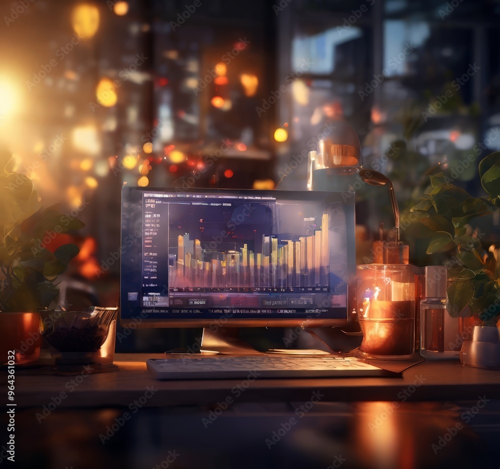 Poster a computer monitor displaying a colorful graph is placed on a desk, surrounded by various objects in