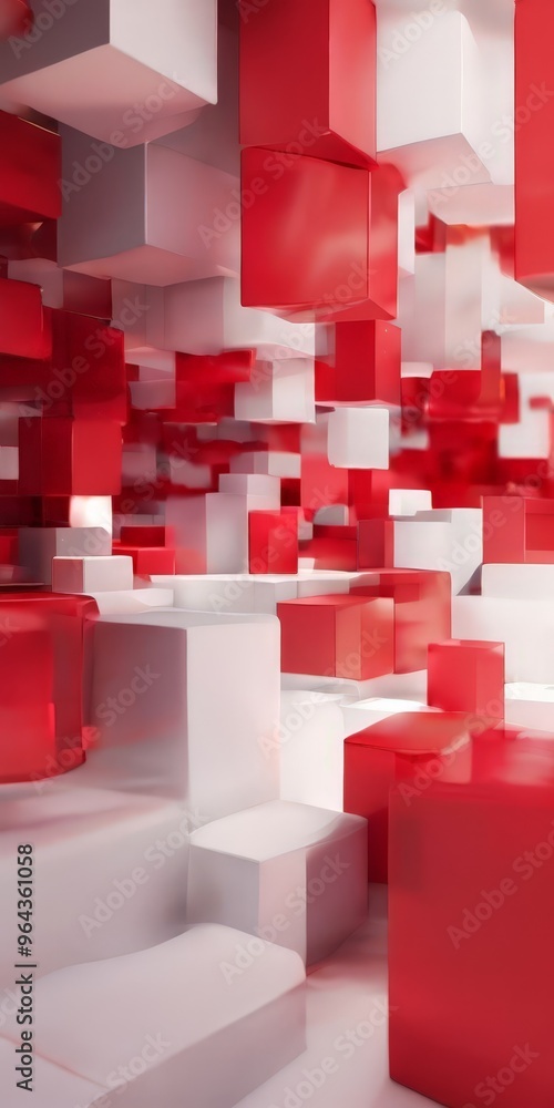 Poster room filled with red and white cubes, creating a visually striking and abstract composition.