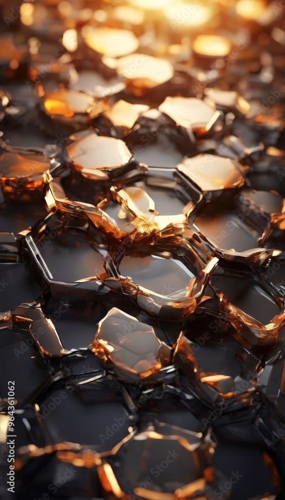 Poster a close-up view of a honeycomb-like pattern composed of numerous hexagonal shapes, with a warm, gold