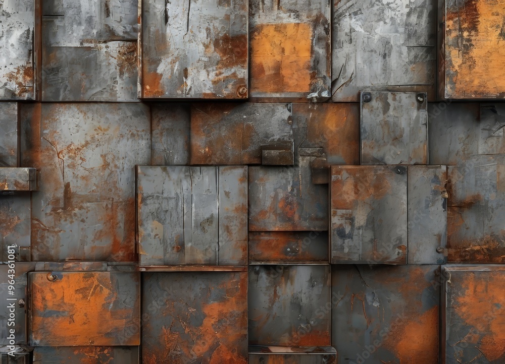 Poster a close-up view of a weathered, rusted metal surface composed of square panels with varying degrees 