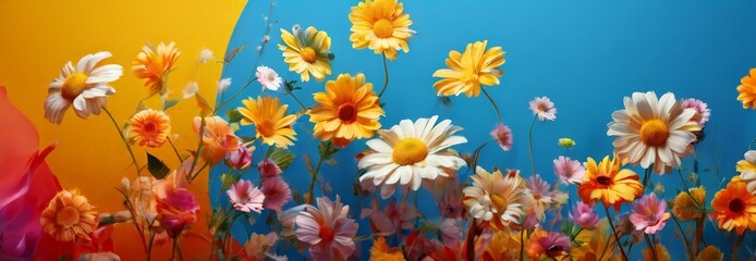 A vibrant display of daisies in various shades of yellow, orange, and pink, set against a striking blue background.