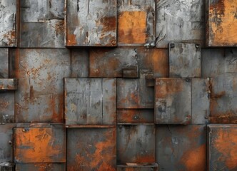 a close-up view of a weathered, rusted metal surface composed of square panels with varying degrees of patina and discoloration.