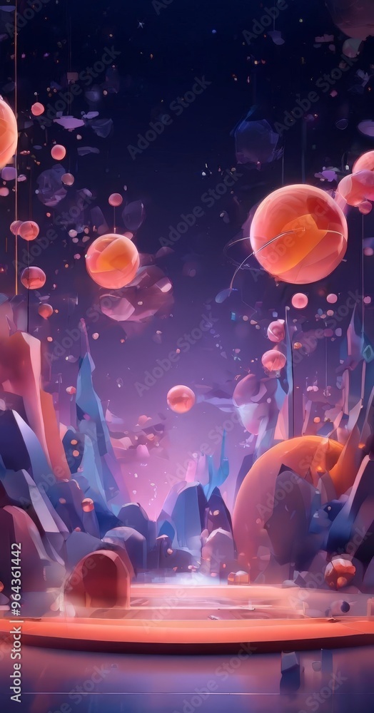 Poster surreal, fantastical scene with floating, spherical objects in shades of pink and orange against a d