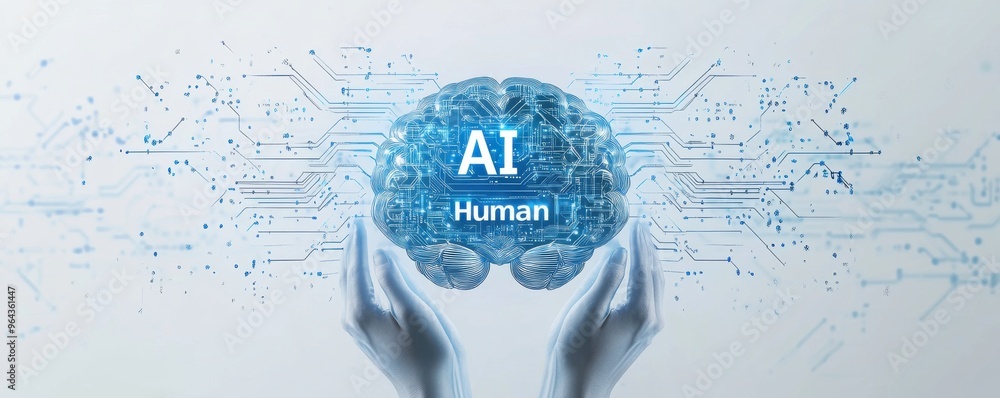 Poster futuristic concept of a digital brain with ai written on it held by hands showcasing artificial inte
