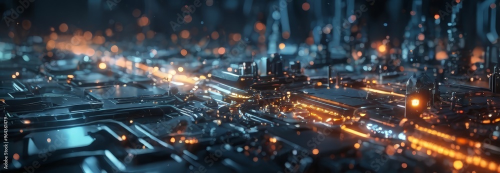 Poster futuristic cityscape, characterized by a complex network of glowing lights and glowing wires, creati