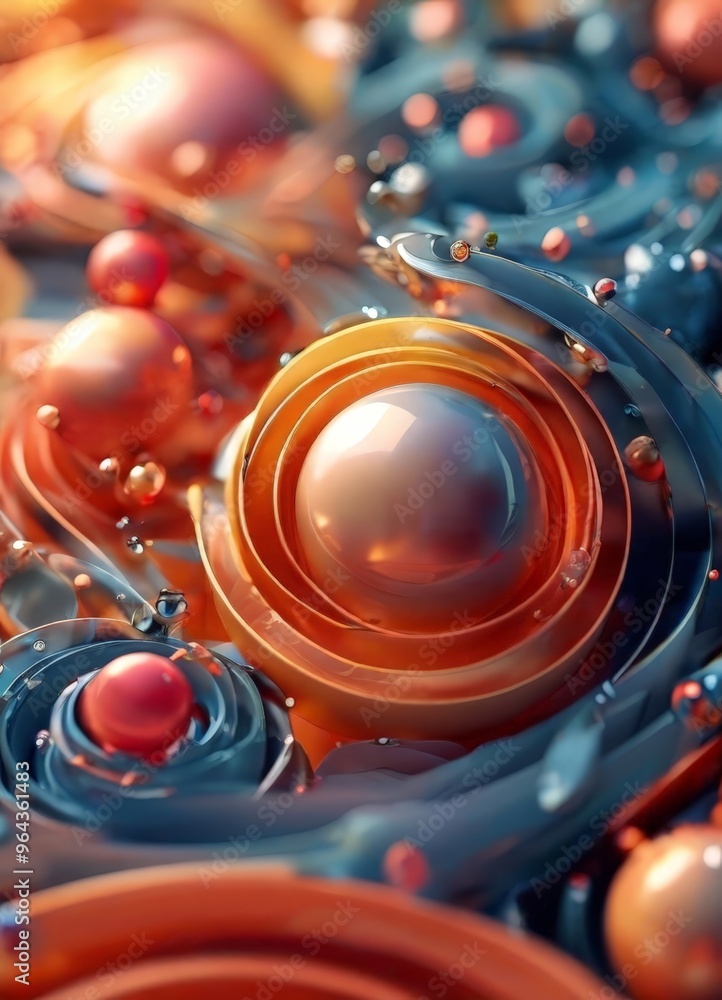 Poster a close-up of a complex arrangement of spheres and lines, with a predominant color scheme of orange 