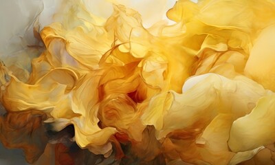 an abstract painting featuring a vibrant mix of yellow, orange, and brown hues, with a sense of movement and energy.