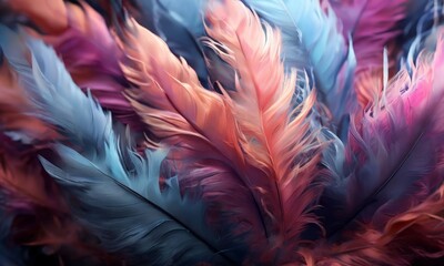 Obraz premium A close-up view of vibrant feathers in shades of blue, pink, and purple, creating a visually striking and abstract composition.