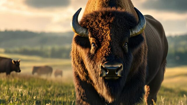 A majestic American Bison stands in a field, looking directly at the viewer. The sunset casts a golden light on the bison's fur and the surrounding grass.