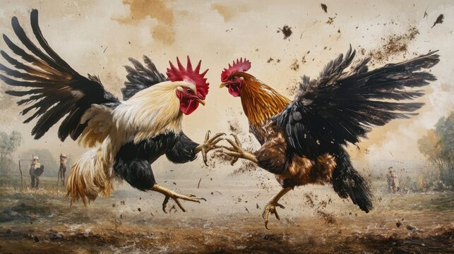 Dramatic scene of two roosters fighting in mid-air, claws extended, beaks open, feathers scattered, with a rural backdrop and distant onlookers.