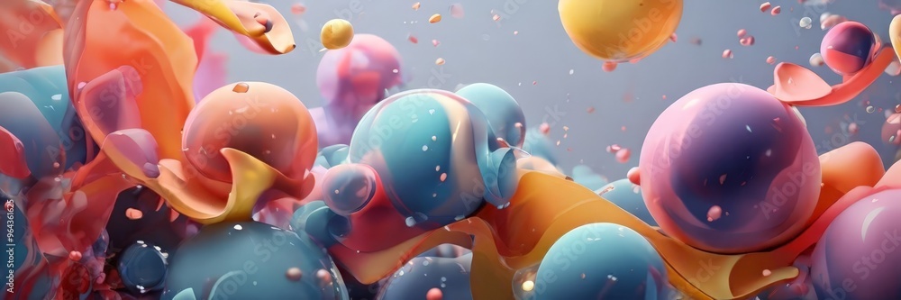 Poster a vibrant and abstract scene of colorful spheres and bubbles floating in a fluid, dynamic compositio
