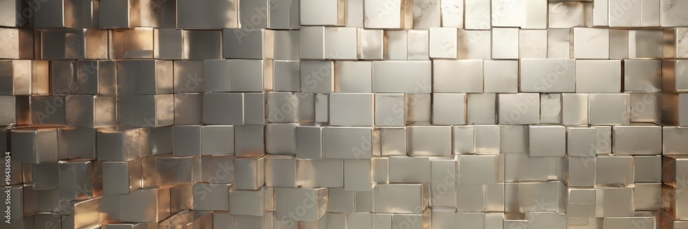 Poster a close-up view of a metallic wall composed of numerous small cubes arranged in a grid-like pattern,