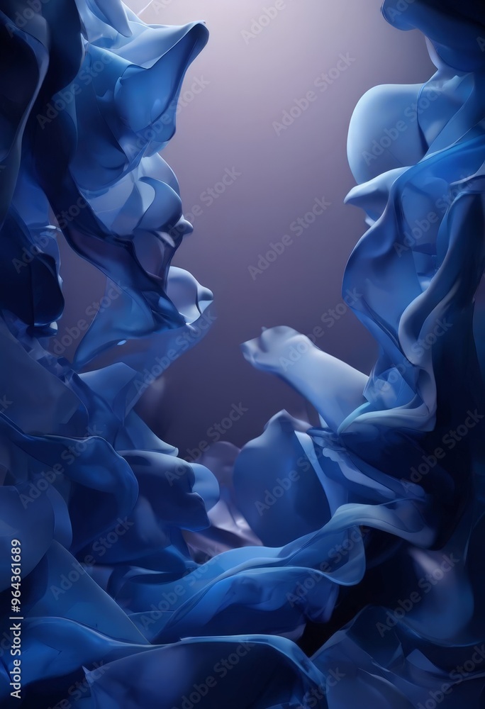 Poster close-up view of a flowing, abstract blue fabric with a gradient effect, creating a sense of movemen