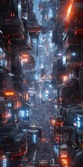 a futuristic cityscape with towering structures, glowing neon lights, and a complex network of roads and bridges. The city is bathed in a mix of blue, orange, and white hues,