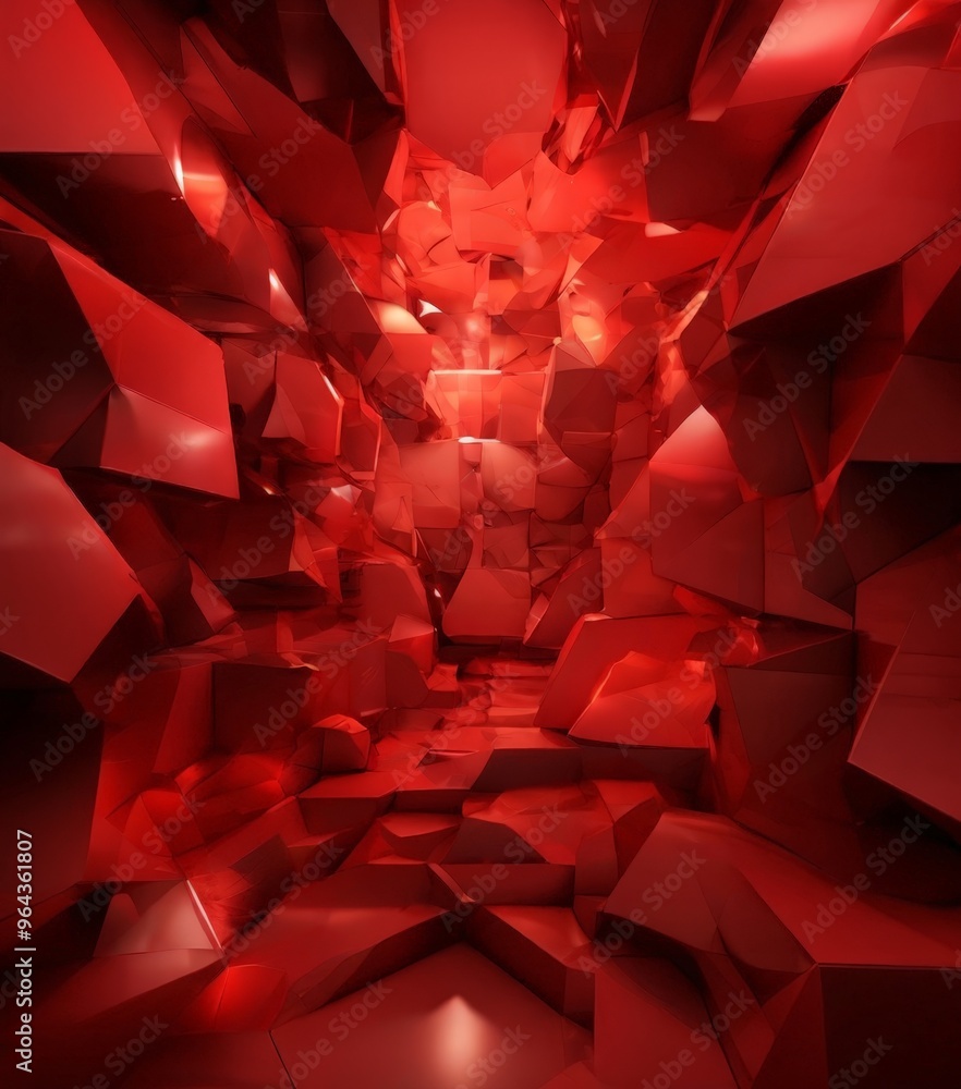 Poster a a red, abstract interior space composed of numerous red cubes arranged in a complex, geometric pat