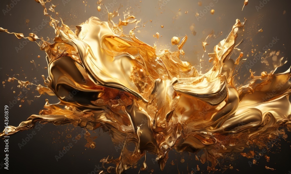 Poster a dynamic scene of golden liquid splashing and swirling against a dark background, creating a sense 